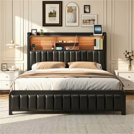 Queen Size Bed Frame with Storage Headboard and LED Lights, Metal Platform Bed with Charging Station, Heavy Duty Metal Frame Support, PU Leather, Black