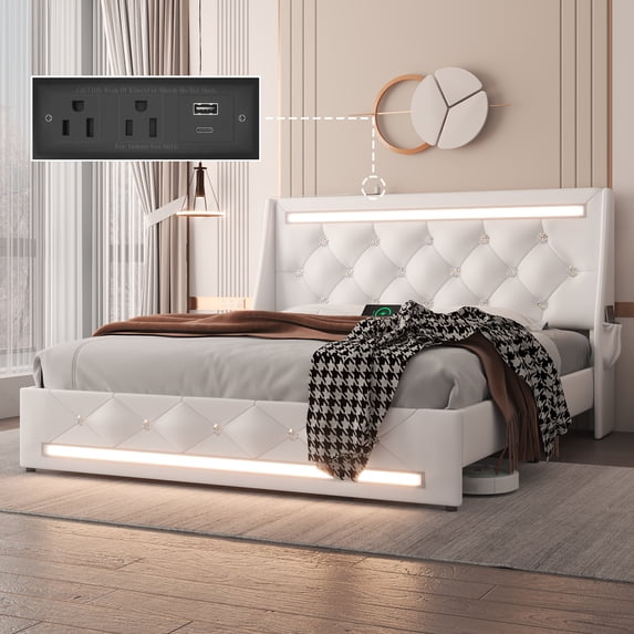 E-motie Queen Size Upholstered LED Bed Frame with Outlets, USB & Type-C - Wingback PU Leather Headboard, Diamond Tufting, White
