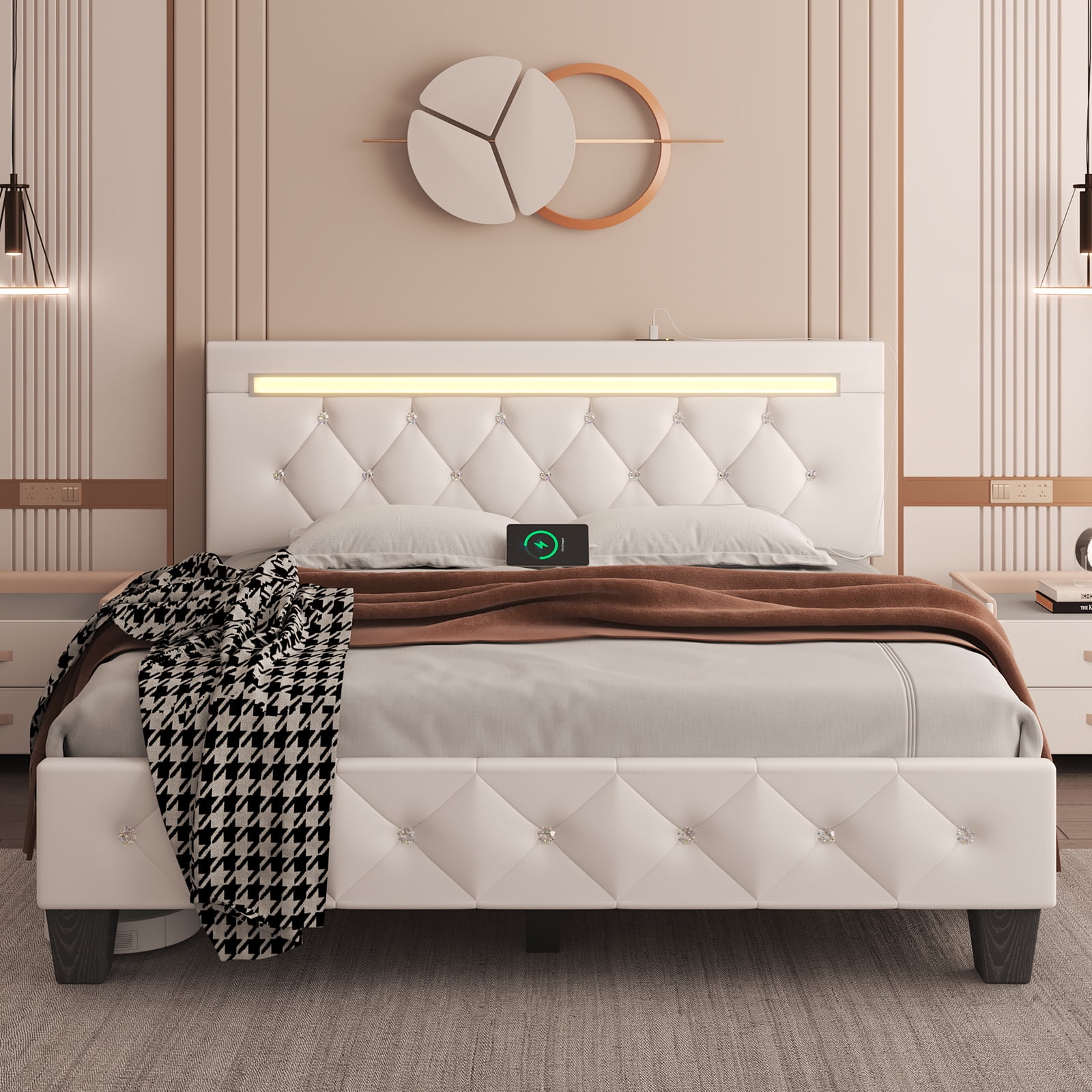 E-Motie Queen Size Faux Leather Bed Frame, White, Adjustable LED ...