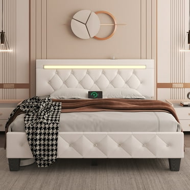 E-motie Quen Size Faux Leather Upholstered Bed Frame with Charging Station, White