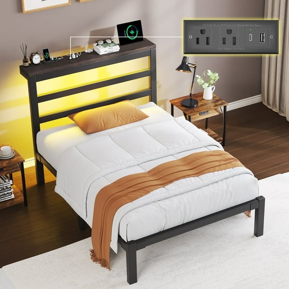E-motie Twin Size Bed Frame with Storage Headboard, Heavy Duty Platform Bed Frame with Charging Station and LED Light, Easy to Assemble, No Box Spring Required, Black