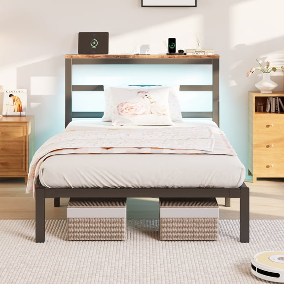 E-motie Twin Size Bed Frame with Storage Headboard, Heavy Duty Platform Bed Frame with Charging Station and LED Light, Easy to Assemble, No Box Spring Required, Black