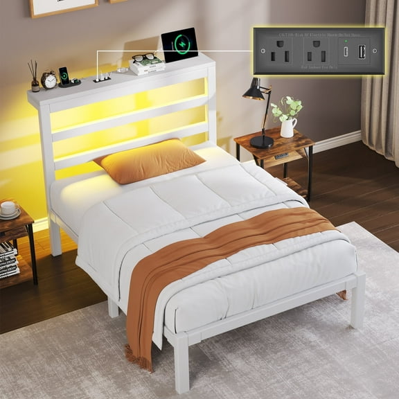 E-motie Twin Size Bed Frame with Storage Headboard, Heavy Duty Platform Bed Frame with Charging Station and LED Light, Easy to Assemble, No Box Spring Required, White