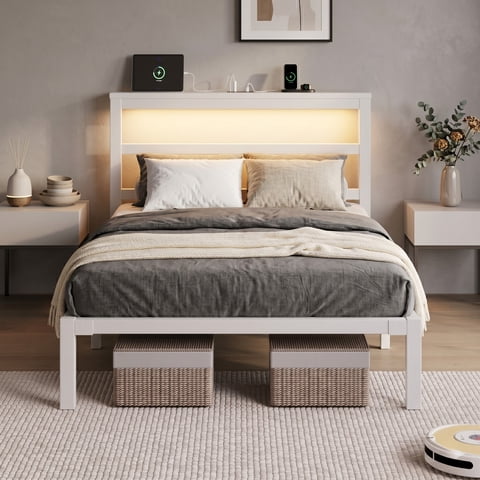 E-motie Twin Size Bed Frame with Storage Headboard, Heavy Duty Platform Bed Frame with Charging Station and LED Light, Easy to Assemble, No Box Spring Required, White