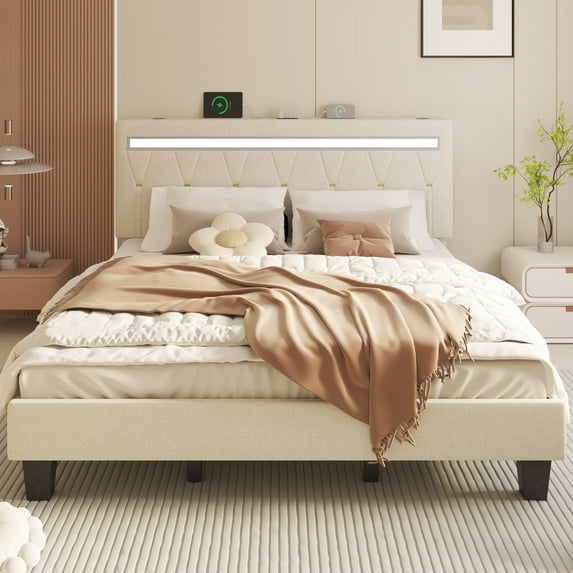 E-motie Upholstered King Bed Frame with Adjustable Headboard and LED Lights,Bluetooth Speakers,Beige