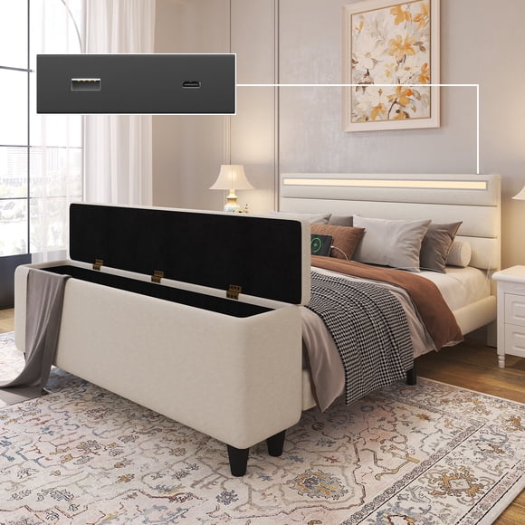 E-motie Queen Upholstered Bed Frame with Storage Ottoman, Charging Station and LED, Beige Queen Bed
