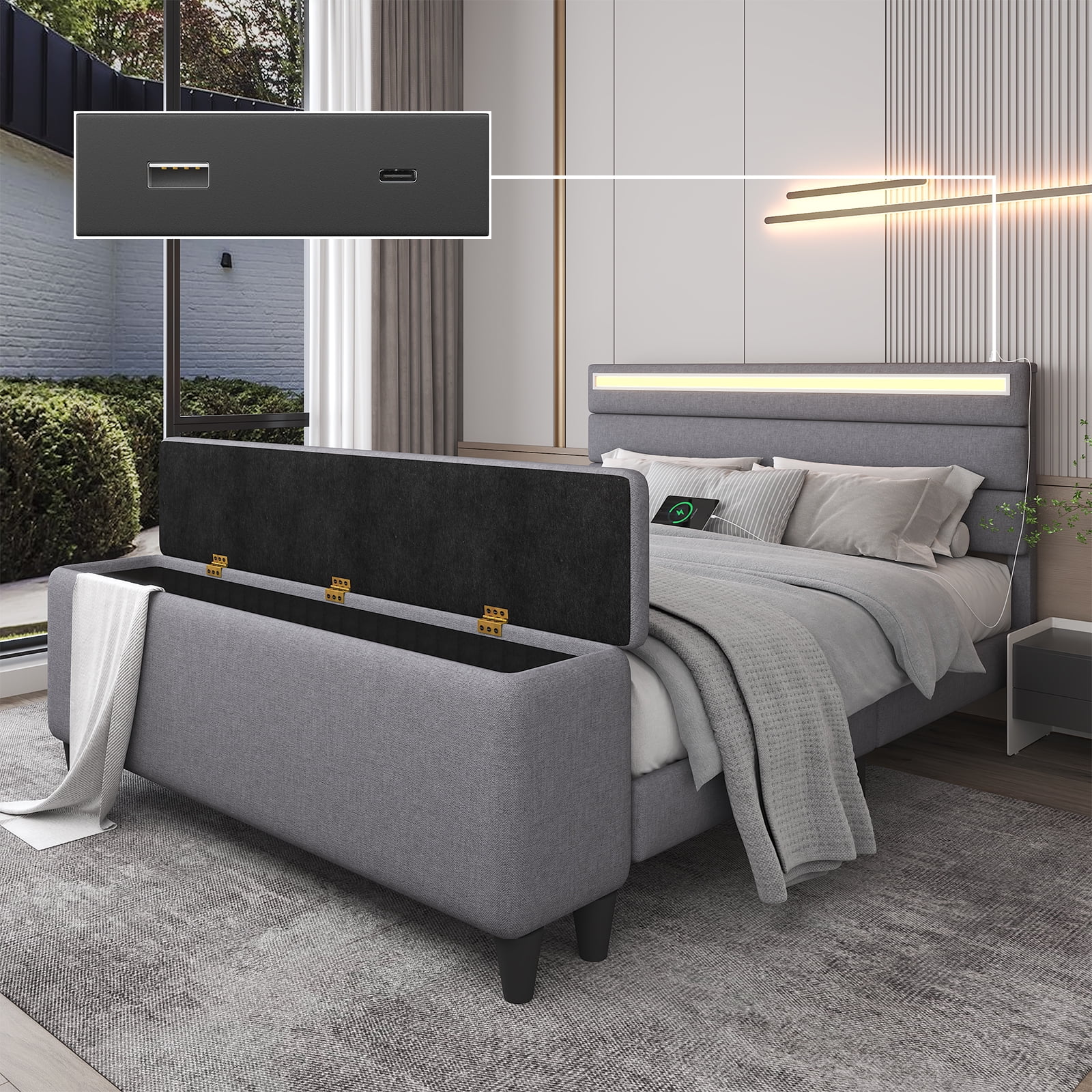E-motie Queen Upholstered Bed Frame with Storage Ottoman, Charging Station and LED, Gray Queen Bed