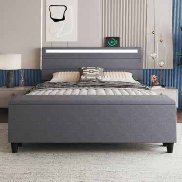 E-motie Upholstered LED Bed Frame with Storage Ottoman, Headboard, Gray