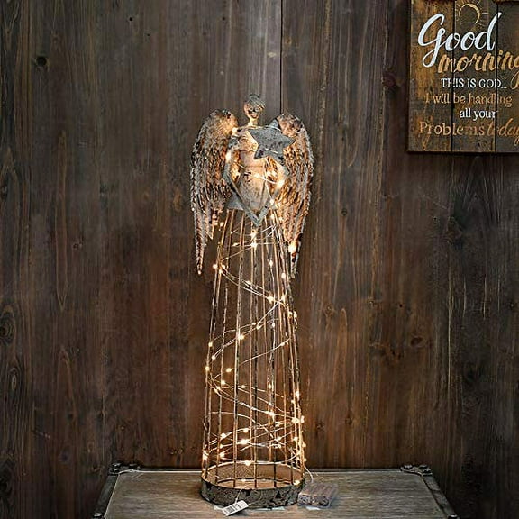 E-view Antique Metal Angel Garden Statue with Star Wand - Weather Resistant Indoor Outdoor Sculptures Yard Lawn Patio Art Decor Guardian Angel for Mother 26" H