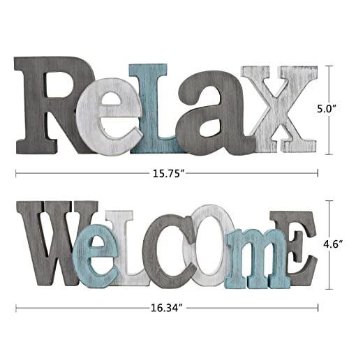 E-view Rustic Wooden Teal Home Sign Decorative Cutout Letters Freestanding Block Word Sign Hanging Ornament Table Shelf Decor (Relax + Welcome)