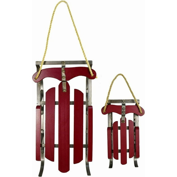 E-view Wood Decorative Sleigh Metal Christmas Decoration Vintage Santa Sleds, Rustic Hanging Ornament Burgundy Sled with Natural Jute Rope, Indoor Outdoor Holiday Decor for Yard Home (Large + Small)