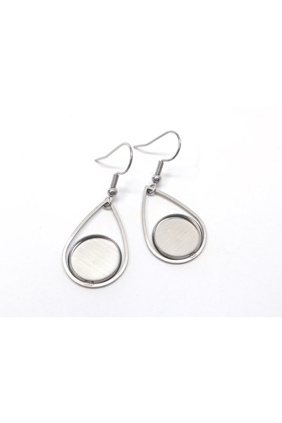 E031 - 6 pcs. 304 Stainless Steel Silver Tone Earring Dangle Hooks Settings Bezels Cabochons - 12mm Glue Pad Settings - Teardrop Style