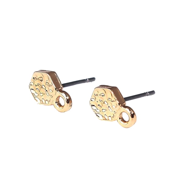 E042 - 10 pcs. (5 pairs) Gold Plated Earring Posts/Bases/Studs/Settings - Hammered Style - Hexagon - 9mm x 6mm Glue Pad - Hole Size: 1.5mm