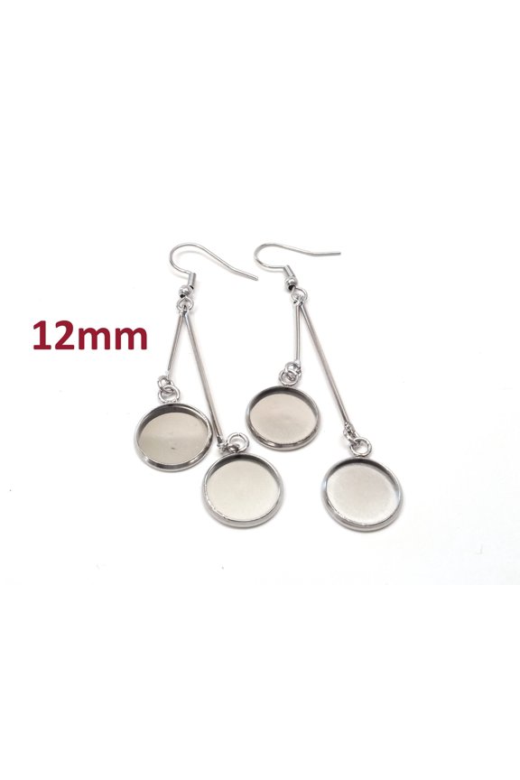 E046 - 4 pcs. 304 Stainless Steel Silver Tone Earring Dangle Hooks Settings Bezels Cabochons - 12mm Glue Pad Settings - Double Bar