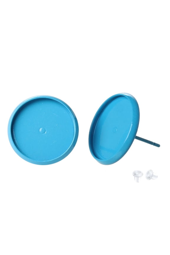 E066A - 20 pcs. Light Blue Earring Posts Studs Settings Bezels Cabochons Tacks- 14mm Glue Pad Setting