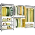 thumbnail image 1 of E1 Heavy Duty Closet Garment Rack, 6 Tiers Adjustable Metal Freestanding Expandable Clothing Storage with 4 Hanger Rods, Easy to Assemble Wardrobe, 71.4" H x (70" - 88.2") L x 14" D, Chrome, 1 of 14