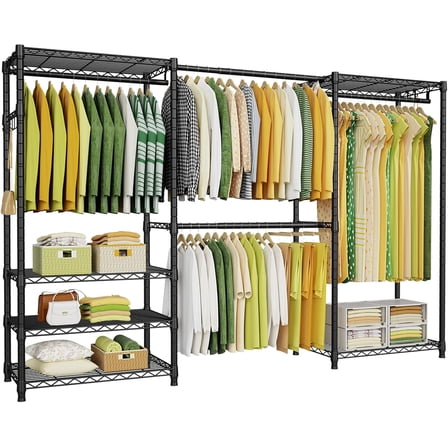 E1 Heavy Duty Closet Garment Rack, 6 Tiers Adjustable Metal Freestanding Expandable Clothing Storage with 4 Hanger Rods, Easy to Assemble Wardrobe, 71.4" H x (70" - 88.2") L x 14" D, Black