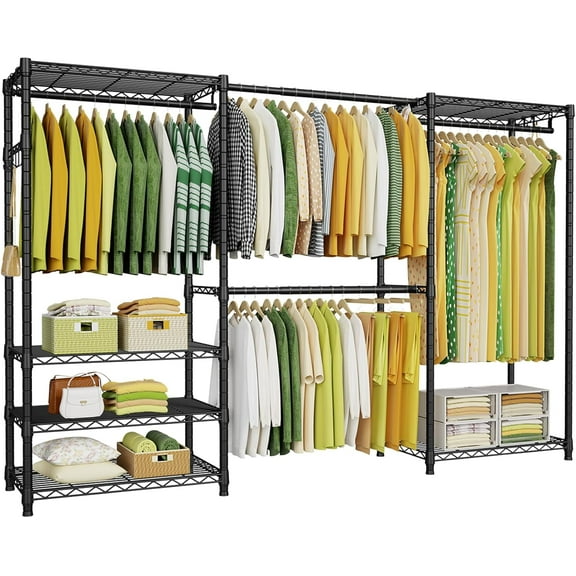 E1 Heavy Duty Closet Garment Rack, 6 Tiers Adjustable Metal Freestanding Expandable Clothing Storage with 4 Hanger Rods, Easy to Assemble Wardrobe, 71.4" H x (70" - 88.2") L x 14" D, Black