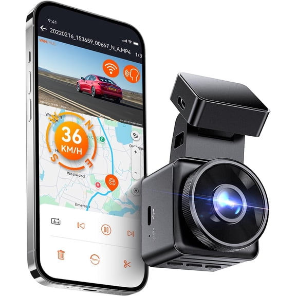 E1 Lite 1080P Dash Cam, Mini Car Camera with Night Vision, 60fps Dash Cam with GPS and Speed, Wi-Fi APP Control, Loop Recording, Voice Control, 24H Parking Mode, Support 512GB