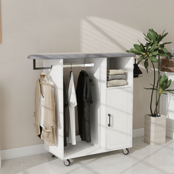 E1 MDF Rolling Ironing Cart with Storage Cabinet - Compact White Solution for Laundry Room, Bedroom & Cloakroom