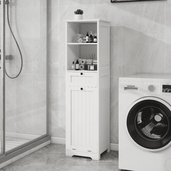 E1 MDF Tilt-Out Laundry Sorter Cabinet with Drawer - White for Laundry Room, Bathroom & Hallway