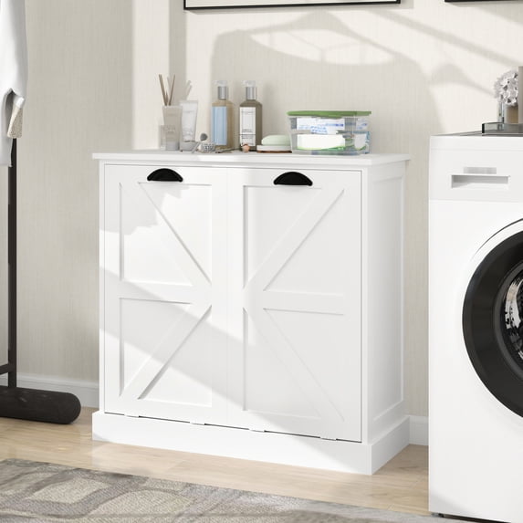 E1 MDF UV painted two-compartment laundry sorter cabinet for environmental home laundry storage