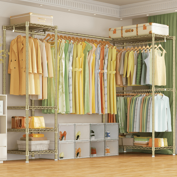 E10L L-Shaped Clothes Rack for Corner（With Expandable Hanger Rod）Heavy Duty Freestanding Clothing Racks for Hanging Clothes，Portable Garment Rack 58-82"W x 30"D x 72"H，Max Load 900LBS