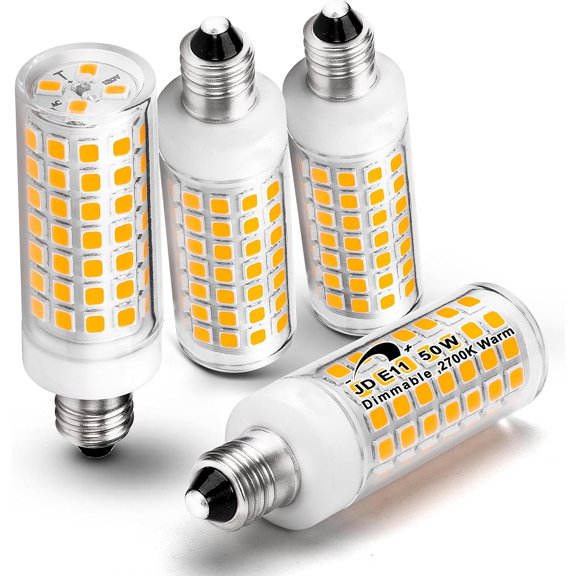 E11 Led Bulbs Dimmable No-Flicker, JDE11 120V 50W Halon Candelabra Bulb Equivalent,T3 T4 Mini Base 2700K Warm White 5W 500lm E11 Bulb for Chandeliers, Ceiling Fan, Table Lamps, Cabinet Lighting,4Pcs