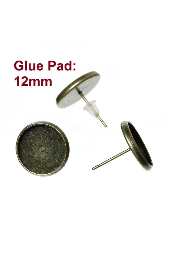 E110 - 50 pcs. Antique Bronze Earring Posts Studs Settings Bezels Cabochons Tacks- 12mm Glue Pad Setting
