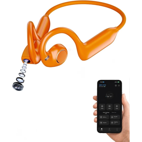 E12 Bone Conduction Headphones With Camera, AI Translation with ChatGpt | Real Time Recording Open Ear Headphones, IP65 Sweat Resistant, Bluetooth Wireless Business Sport Earphones Orange