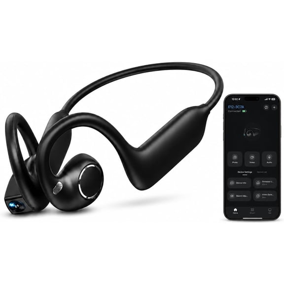 E12 Bone Conduction Headphones with Camera, Open Ear Bluetooth 6.0, 8MP POV photos and video, audio recording, 165-language AI translation, and open-ear awareness for cycling and everyday use
