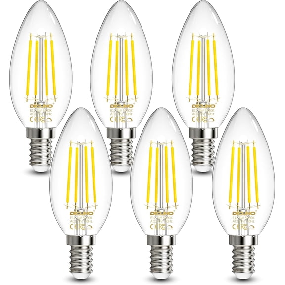 E12 Candelabra Bulb 60 Watt Equivalent, Daylight White 5000K, 4W E12 LED Bulb Dimmable, Type B LED Filament Candelabra Light for Chandelier Light, Ceiling Fan, Clear Glass, 550lm, Pack of 6