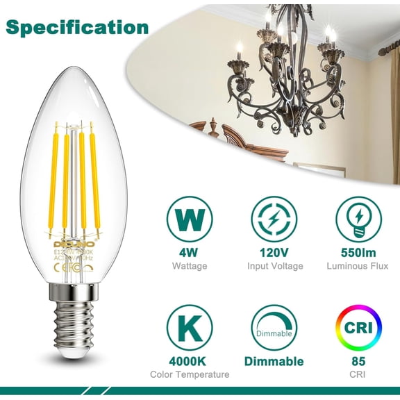 E12 Candelabra Bulb 60 Watt Equivalent, Natural White 4000K, 4W E12 LED Bulb Dimmable, Type B LED Filament Candelabra Light for Chandelier Light, Ceiling Fan, Clear Glass, 550lm, Pack of 6