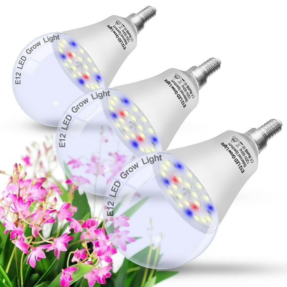 E12 Small Candelabra Base LED Grow Light Bulbs Full Spectrum, 12W Sun Grow Plant Light Bulb 100w Equivalent, Balanced Spectrum 5000K Red Blue Grow Bulb for Flowers, Seed Starting, Indoor Growin 3Pack