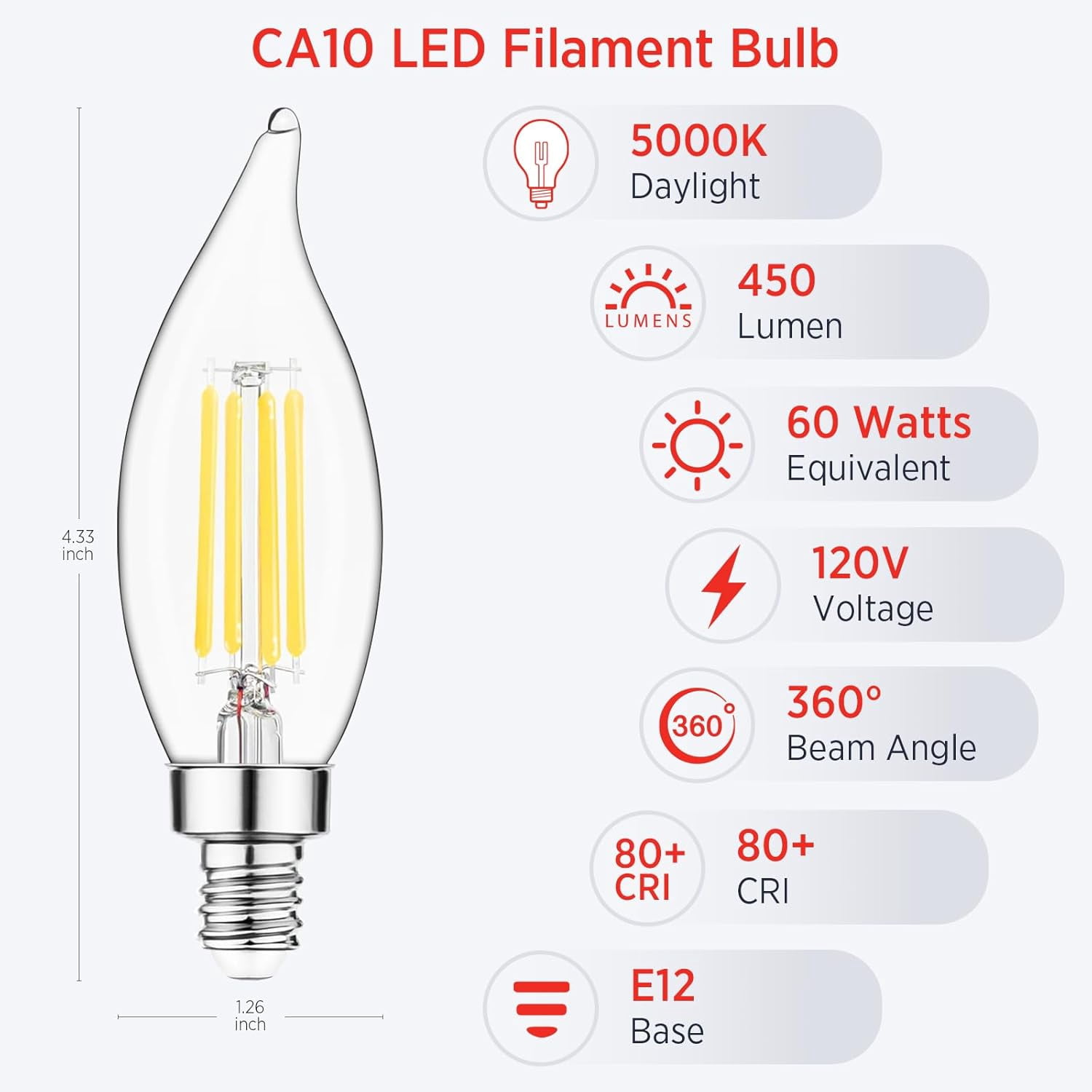 E12 Candelabra LED Bulbs Dimmable, 60W Equivalent CA10 Chandelier Light Bulbs, 5000K Daylight White Candle Bulbs for Chandeliers, Ceiling Fan, Pendant Light, 6 Pack
