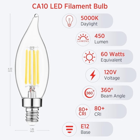 E12 Candelabra LED Bulbs Dimmable, 60W Equivalent CA10 Chandelier Light Bulbs, 5000K Daylight White Candle Bulbs for Chandeliers, Ceiling Fan, Pendant Light, 6 Pack