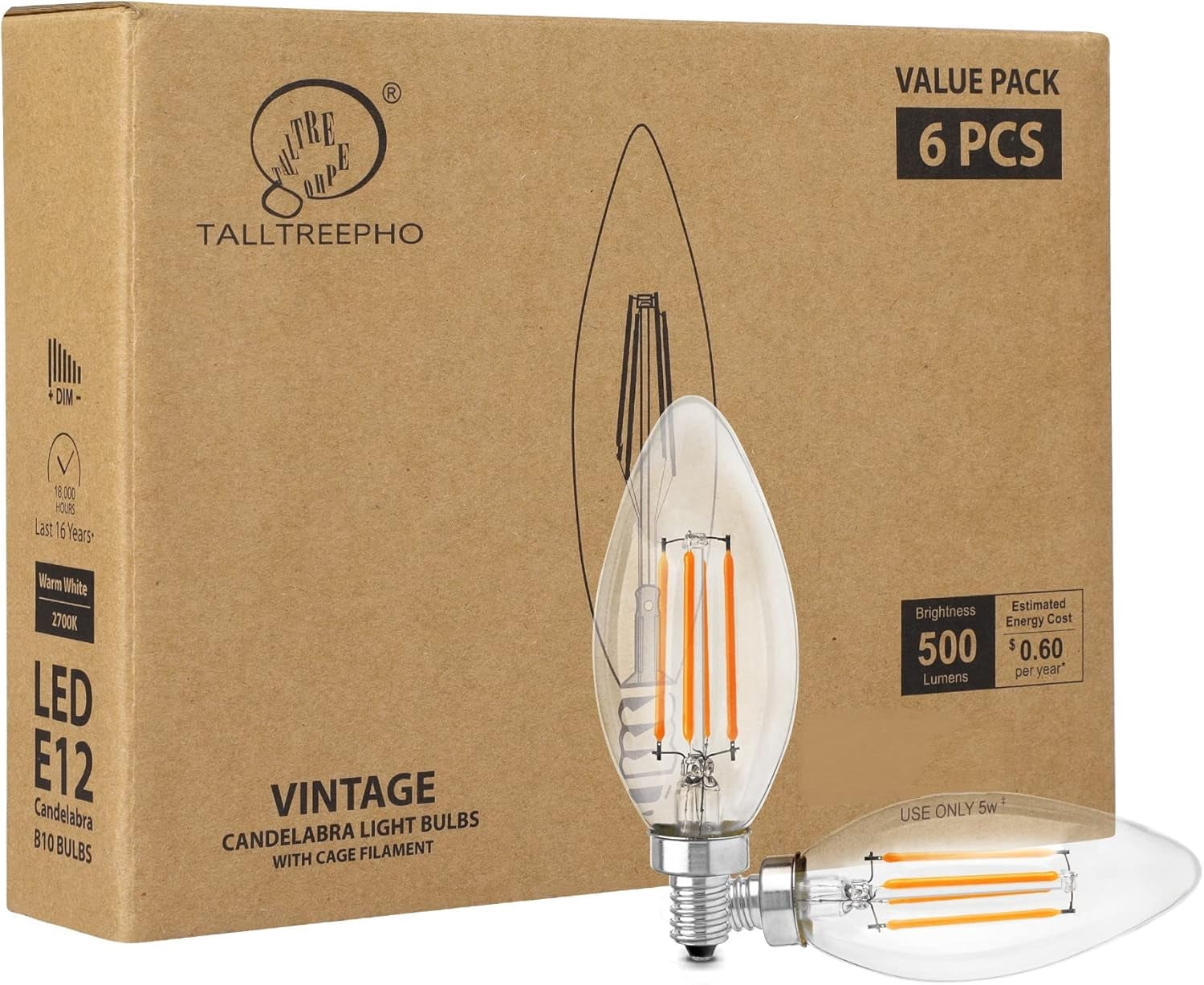 E12 Candelabra LED Edison Bulbs 40W Equivalent, 500 Lumen Soft White B10(C35) Dimmable Chandelier Light Bulbs Ceiling Fan, 5W Clear Glass Vintage Edison Bulb, 6 Pack