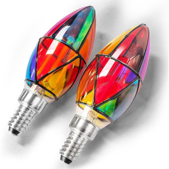 E12 Candelabra Small Base Stained Glass LED Light Bulb 25W Equivalent, C35 Rainbow Mosaic Tiffany Colorful Night Light Bulb 3W for Home Party Recreation Room Balcony, Non-Dimmable, 2pcs