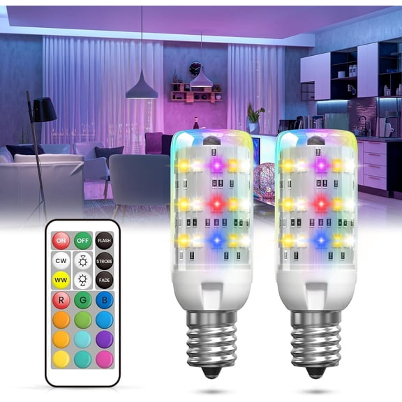 E12 Color Changing LED Light Bulb with Remote Control 2W E12 Chandelier Light Bulb Multicolor RGB/3000K/6000K/Dimmable Candelabra Base Color Light Bulbs 3Modes Memory Function-2Pack