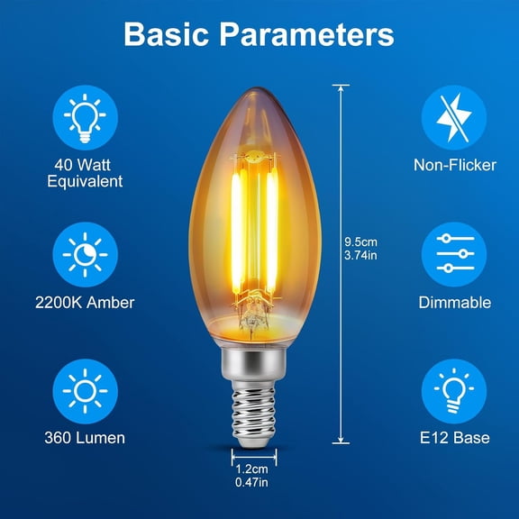 E12 Dimmable Amber LED Light Bulbs, 40 Watt Equivalent, C35 Candelabra Base, 2200K Warm Light, 30000LM, 10 Pack