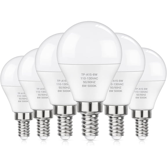 E12 LED 60W Equivalent Daylight White 5000K Ceiling Fan Bulbs, 600LM CRI 85+ Candelabra Bulbs Small Base, 6W Non-Dimmable, Pack of 6
