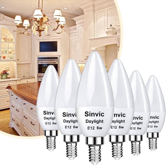 Sinvic E12 B11 LED Candelabra Bulbs, 6W (60W Equivalent), 5000K Daylight, 600 Lumens, 6 Pack