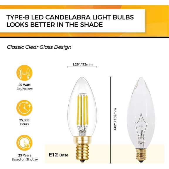 E12 LED Bulb Dimmable 40W Equivalent, Candelabra Light Bulbs 90+CRI 4W Daylight 5000K 450LM B10 LED Candle Bulb with Candelabra Base, UL Listed, 6 Pack