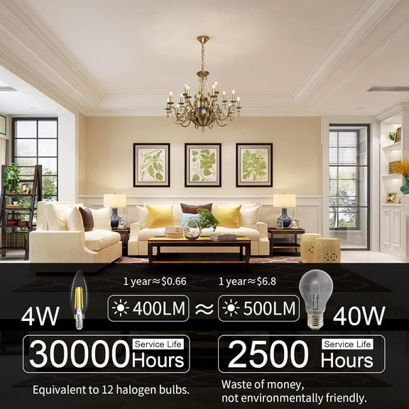 E12 LED Candelabra Bulb Dimmable, Chandelier Light Bulb 4000K Neutral White,40W Equivalent,Type B Ceiling Fan Bulbs,C35 B11 Edison Filament Candle Bulbs Candle Lights,400LM,Pack of 6