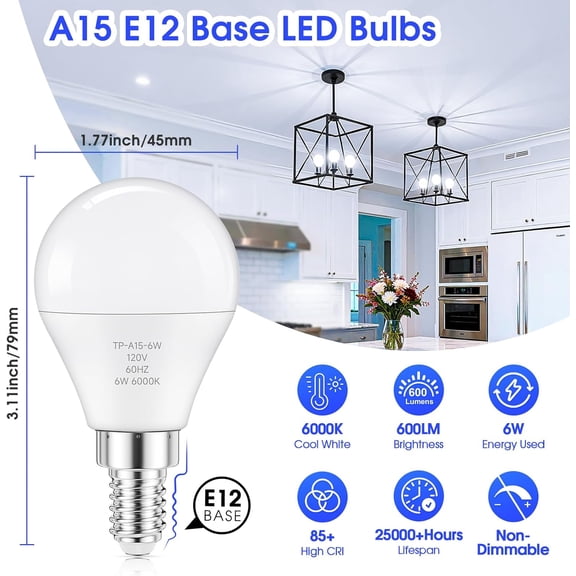 E12 LED Candelabra Bulbs 60W Equivalent, 600LM Cool White 6000K Ceiling Fan Bulbs, 85+ CRI Non-Dimmable Chandelier Candle Base Light Bulbs,12-Pack