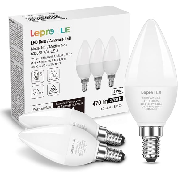 E12 LED Candelabra Light Bulbs, 5.5 watt, 40 watt Equivalent C37 B11 Ceiling Fan Bulb Chandelier Bulbs, 2700 Kelvin Warm White Type B Small Base Candle Lights, Frosted Plastic Shell, 3-Pack