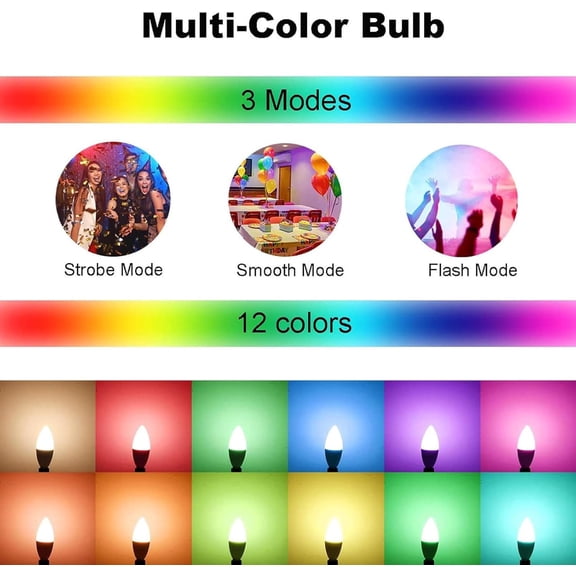 E12 LED Candelabra Light Bulbs 5W, Set of 6 Color Changing Candle Bulbs,Small Base B11 40W Incandescent Equivalent, 560 Lumen, AC120V,RGB + 2700K Warm White, 12 Colors, 2 Modes, Timer, Remote Control