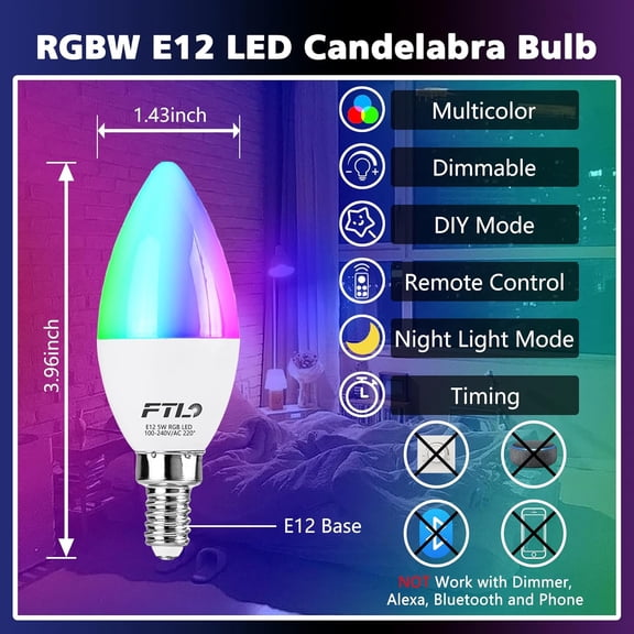 E12 LED Color Changing Candelabra Light Bulb with Remote Control,5W 40W Equivalent,2700K-6000K Colored Light Bulbs, Dimmable 30 Colors B11 RGB Candle Light Bulbs for Chandelier Lighting, 6-Pack