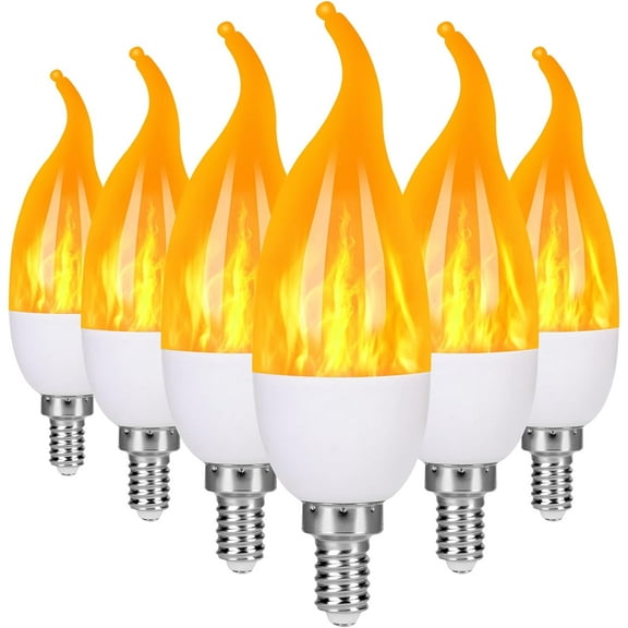 E12 LED Flame Light Bulbs, 3 Modes Flickering Light Bulbs, Candelabra Candle Fire Light Bulb for Home Party Patio Indoor Outdoor Halloween Decorations (6 Pack)