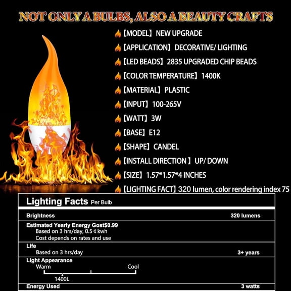E12 LED Flickering Candelabra Flame Effect Light Bulbs - Upgrade Flicker Candelabra Torch Fire Effect Lights Bulbs for Outdoor Halloween Xmas Holiday Decorations 3W 1400K (8 Pack)
